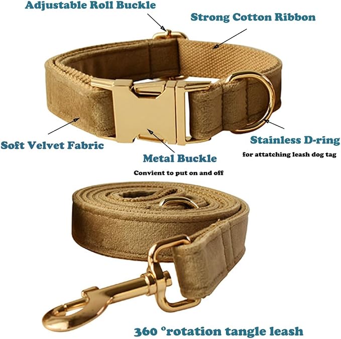 Love Dream Velvet Dog Collar and Leash Set, Soft & Comfy Adjustable Dog Leash and Collar with Heavy Duty Metal Buckle for Small Medium Large Dogs Training & Walking (Small, Khaki)