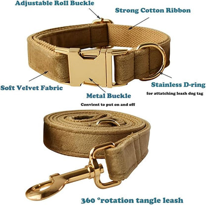 Love Dream Velvet Dog Collar and Leash Set, Soft & Comfy Adjustable Dog Leash and Collar with Heavy Duty Metal Buckle for Small Medium Large Dogs Training & Walking (Small, Khaki)