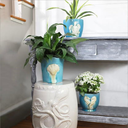 Euro Ceramica Ocean Grotto Seashell Scalloped Planter – 8” Decorative Ceramic Planter Pot with Drainage Hole | Nautical Coastal Decor for Indoor & Outdoor Plants