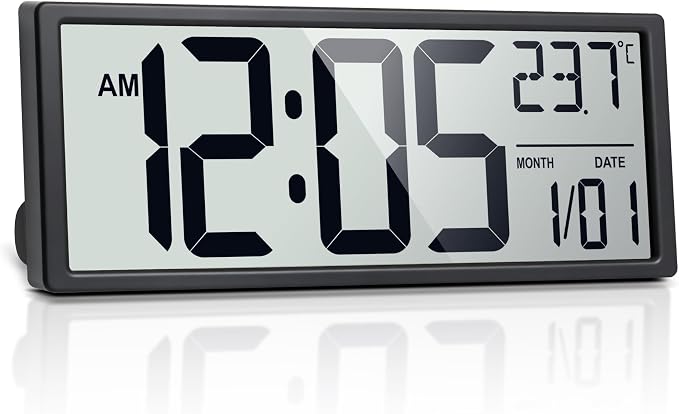 16" Large Digital Wall Clock Battery Operated with Big Display Numbers, Temperature and Date, Auto DST and Alarm, for Office, Classroom, Gym, Bedroom, Living Room