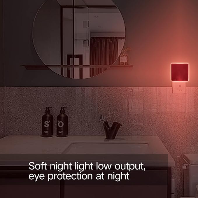 KINUR Red Night Light,2 Pack LED Night Lights Plug into Wall with Dusk to Dawn sensors, Plug in Night Lights for Kids Room, Bedroom, Bathroom, Baby Nursery,Stair Lights, Hallway Light, Daylight