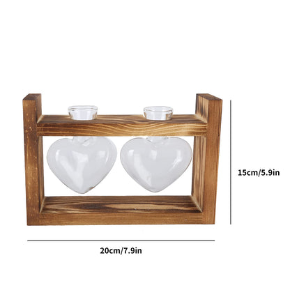 Flower Vase, Glass Desktop Planter Plant Terrarium Kit Desktop Propagation Station Glass Flower Vase with Wooden Holder for Wedding Decoration (Retro Frame + 3 Heart Bottle)