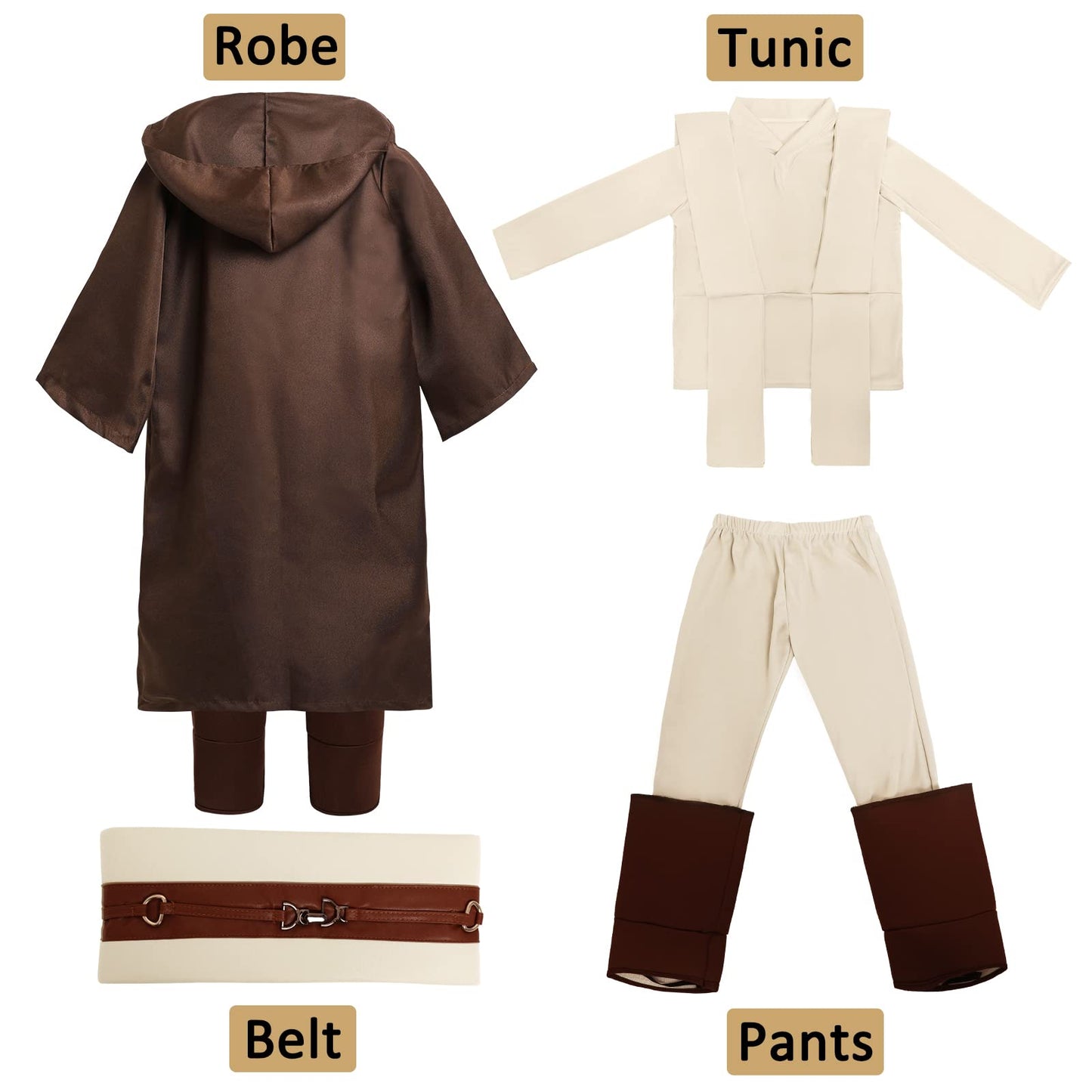 Kuberas Kids Costume Tunic Hooded Robe Pants Belt Shoes Cover Lightsaber Halloween Cosplay Outfit Boys 3-12 Years