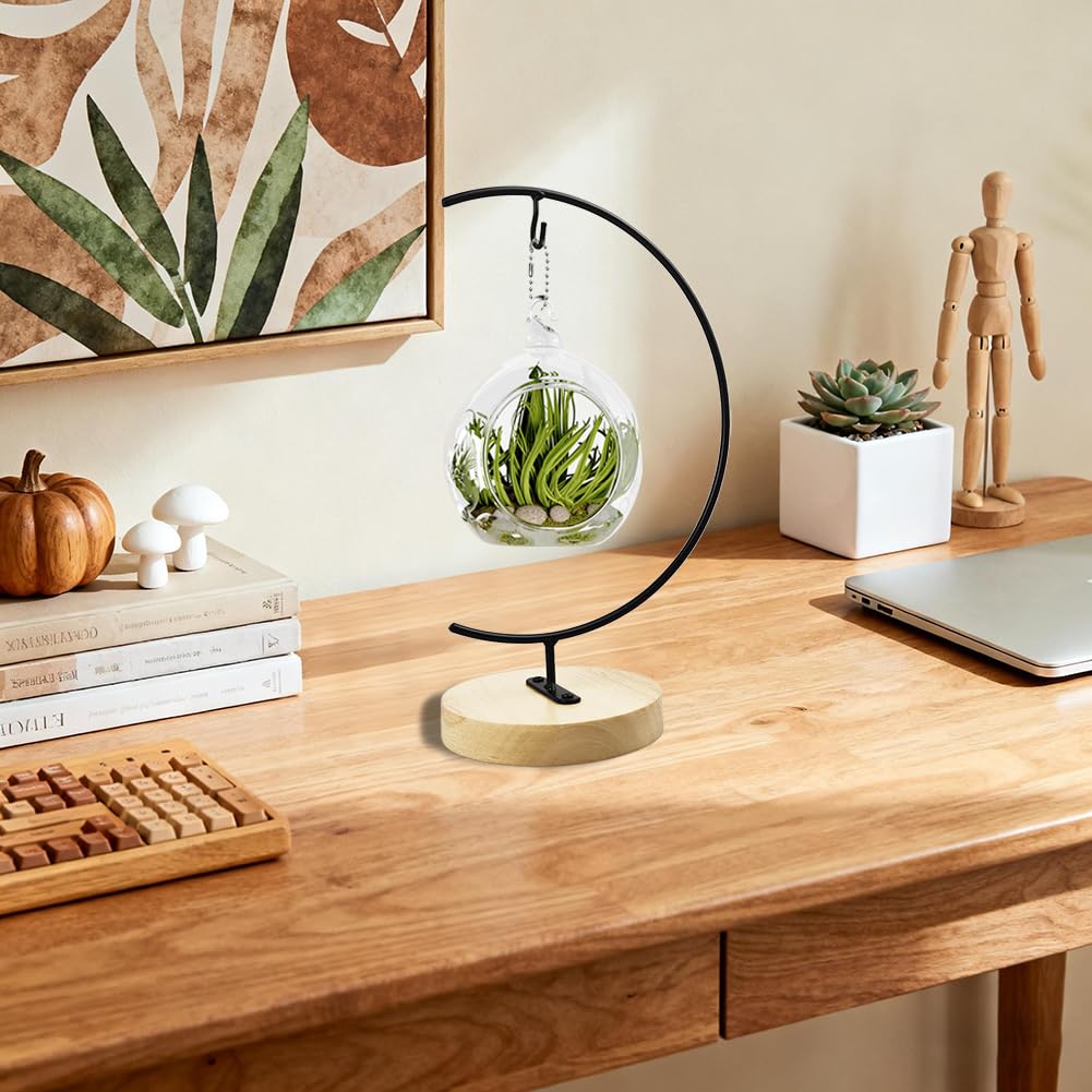 Yearchy Ornament Display Stand Metal Shelf Brackets Iron Pothook Stand for Hanging Glass Terrarium/Picture (G-Shaped Wood Base, Black)
