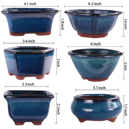 MUZHI 6PACK Glazed Bonsai Pot Planter 3" 4” Small Succulent Pots, Yixing Zisha Decorative Mame Bonsai Training Pot or Small Flower Cactus Starter Growing Planters Containers Blue
