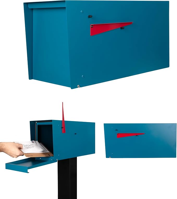 Ilyapa Modern Mailbox for Outside Post Mount - Blue Powder Coated Metal Mailbox, Waterproof Letter Box for Parcels, Recessed Magnetic Close Door