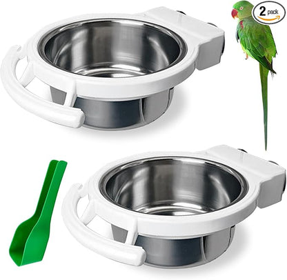 BNOSDM 2 PCS Bird Feeding Dish Cups Perch Stand Hanging Stainless Steel Bird Bowls Food Container Food and Water Bowls with Spoon for Budgie Cockatoo Finch Lovebirds Pigeons (White)