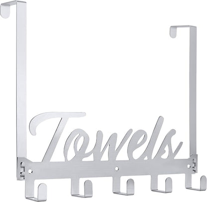 Azmoncy Over The Door Hooks, Towel Hook Towel Holder Over Door Towel Hanger Door Hanger with 5 Coat Hooks Towel Rack for Bathroom Bedroom Kitchen, Chrome