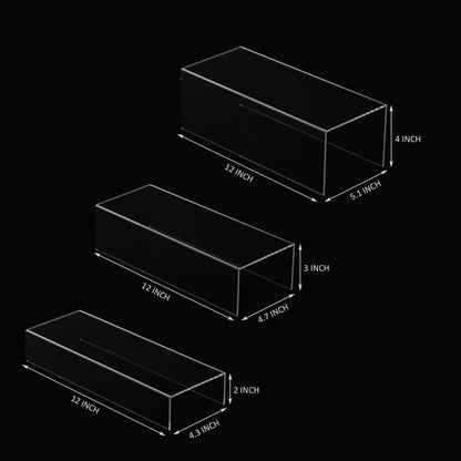 Sezanrpt Clear Riser Display Shelf 3pcs, Desktop Rectangular Acrylic Display Shelves Storage Organizer, Acrylic Stands for Funko Pop Figure, Bags, Shoes, Spice Jars, Skincare, Cosmetics - 12-2'', 3'',