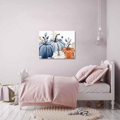 Prime Leader Fall Canvas Wall Art - Thanksgiving Blue Leaves Pumpkin White Background - Modern Wall Decor Gallery Canvas Wraps Giclee Print Stretched and Framed Ready to Hang - 16" x 20"