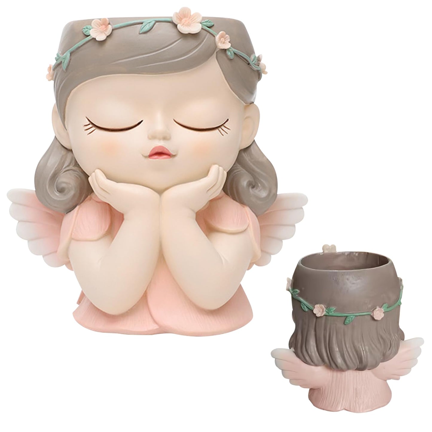 BigKing Face Planter Pot, Angel Cute Succulent Pots, Resin Flower Pots for Succulent Cactus, Head Planters for Indoor Outdoor Plants, Outdoor Planter with Drainage Hole (Pink)