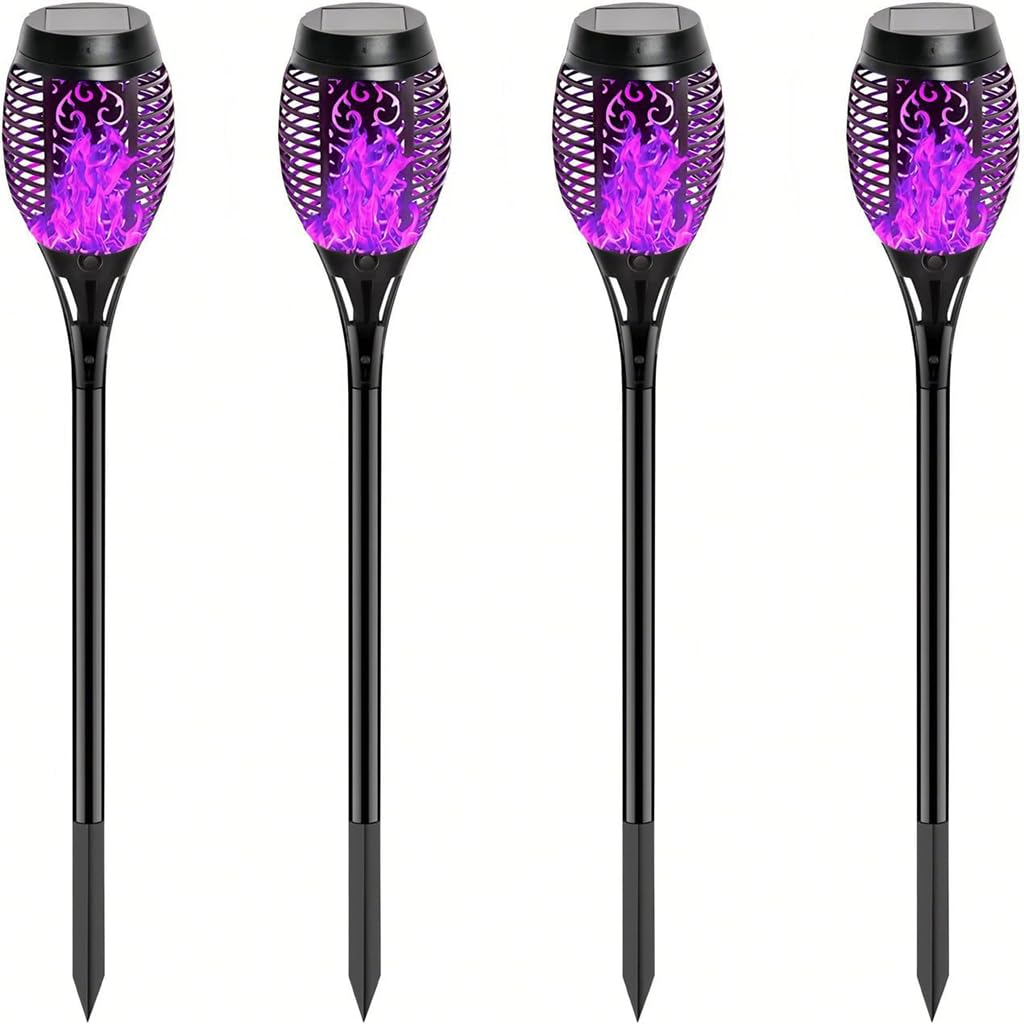 HSKMNFCQF 4 Pack Solar Flame Lights Outdoor, Flickering Flame Torch Lights, IP65 Waterproof Solar Powered Garden Lights for Patio Lawn Yard Pathway Decor (Purple)