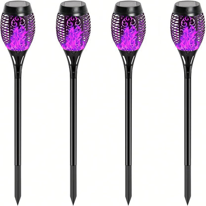 HSKMNFCQF 4 Pack Solar Flame Lights Outdoor, Flickering Flame Torch Lights, IP65 Waterproof Solar Powered Garden Lights for Patio Lawn Yard Pathway Decor (Purple)