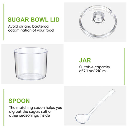 LemonRoad Set of 3 Clear Acrylic Sugar Bowl with Lid and Spoon for Coffee Bar Accessories, 7oz Tea Sugar Coffee Containers Salt Canister Spice Jars, Kitchen Seasoning Box Condiment Pots with Labels
