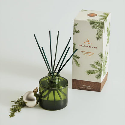 Thymes Frasier Fir Reed Diffuser Set – Includes Reeds, Fragrance Oil, and Frosted Glass Bottle – Fragrance Oil Diffuser – Room Fresheners – Luxury Home Decor – Green & Clear (Pine Needle, 4 fl oz)