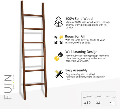 FUIN 6ft Wooden Brown Blanket Ladder Living Room Decorative Wall Leaning Farmhouse Quilt Display Holder Rustic Wood Towel Rack for Bathroom