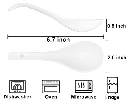 Soup Spoons Set of 8, Ceramic Chinese Soup Spoon, Asian Soup Spoons, White Japanese Spoon Large for Ramen Pho Wonton Dumpling Miso, Deep Oval Hook Design (8 pcs-6.7 inch)
