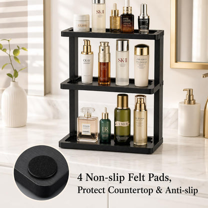 PEKER Bamboo Bathroom Organizer Countertop – Vanity Storage Shelf for Makeup, Perfume, Skincare – Natural Cosmetics Display Rack for Dresser, Sink, Kitchen – Black