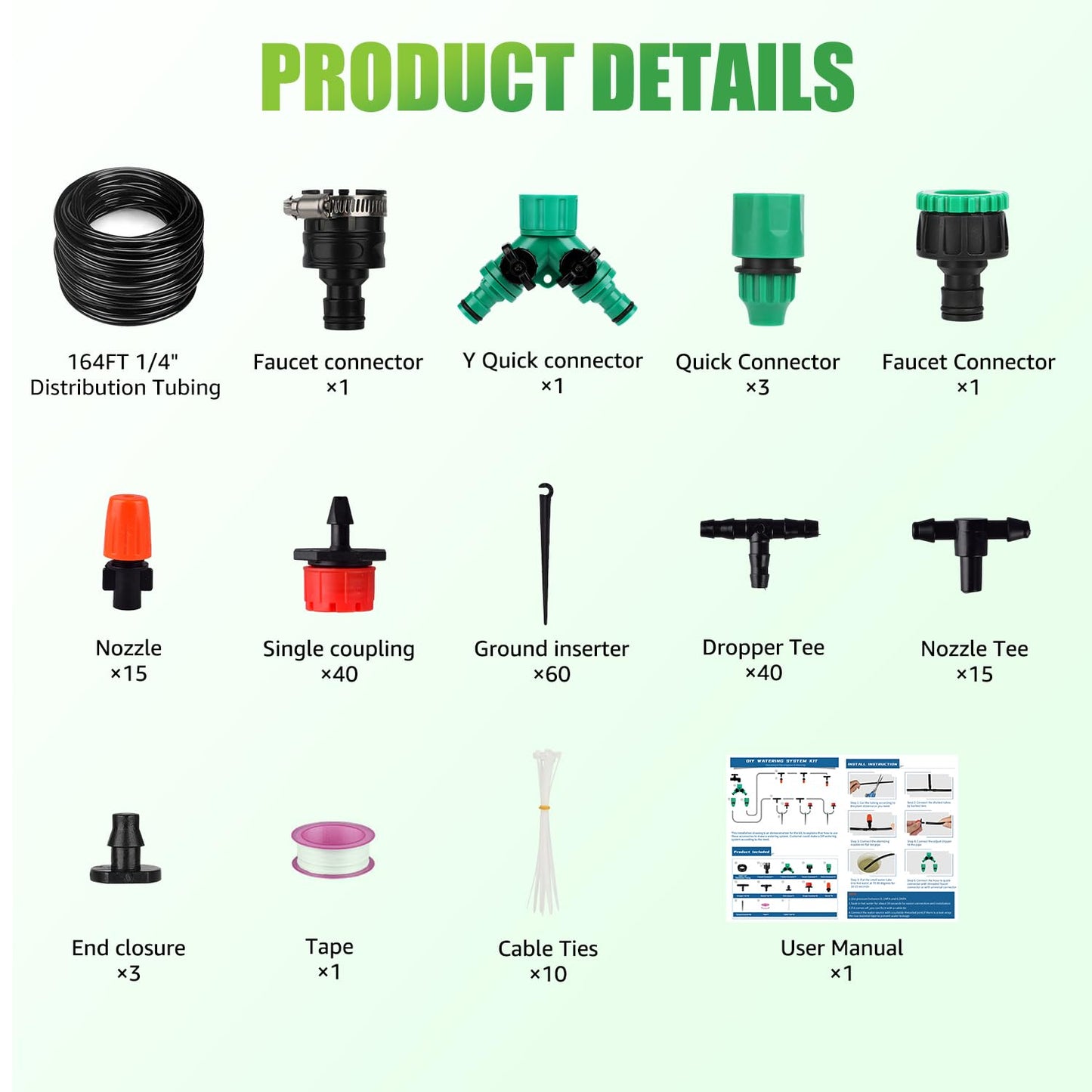 164FT Drip Irrigation System, 192Pcs Automatic Garden Watering System with Adjustable Misting Nozzle Sprinkler, 1/4 inch Blank Distribution Tubing Watering Drip Kit for Greenhouse, Patio, Lawn (164FT)