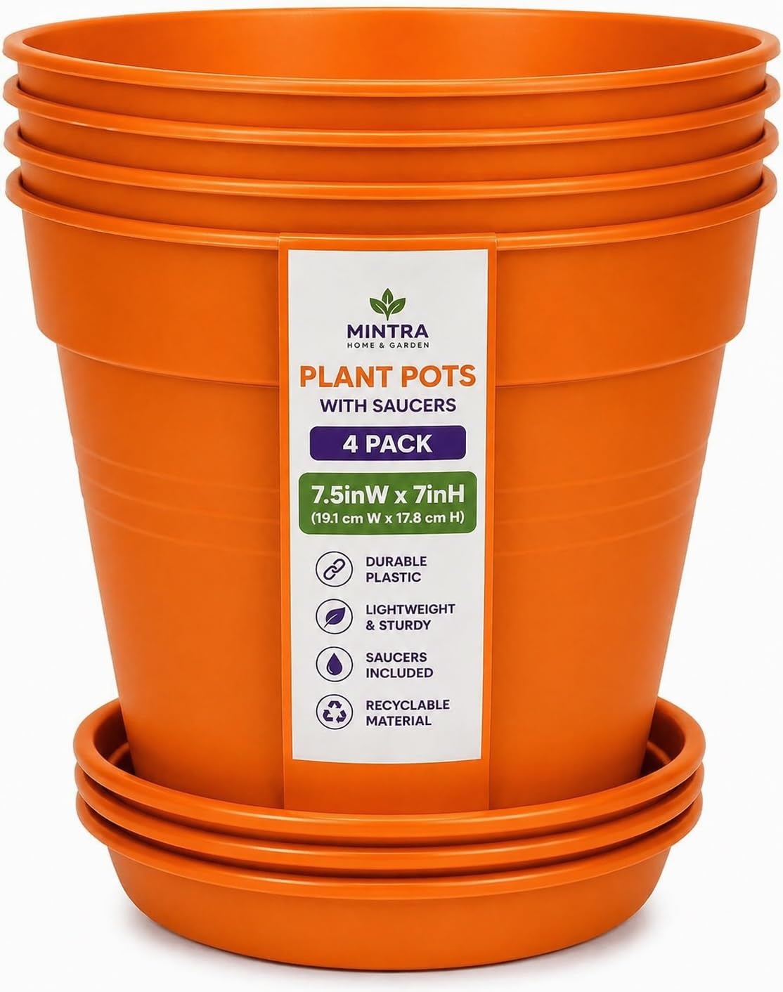 Mintra Garden Pots, 4 Pack Bulk Plastic Plant Pots with Drainage Tray, Round Indoor & Outdoor Decorative Planters with Drain Holes for Flowers, Herbs & Plants, 19cm Diameter – Orange, 7.5 in