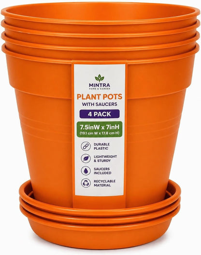 Mintra Garden Pots, 4 Pack Bulk Plastic Plant Pots with Drainage Tray, Round Indoor & Outdoor Decorative Planters with Drain Holes for Flowers, Herbs & Plants, 19cm Diameter – Orange, 7.5 in