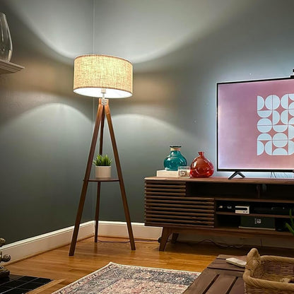LEPOWER Tripod Floor Lamp, Mid Century Wood Standing Lamp, Modern Design Shelf Floor Lamp for Living Room, Bedroom, Office, Flaxen Linen Shade with E26 Base Brown