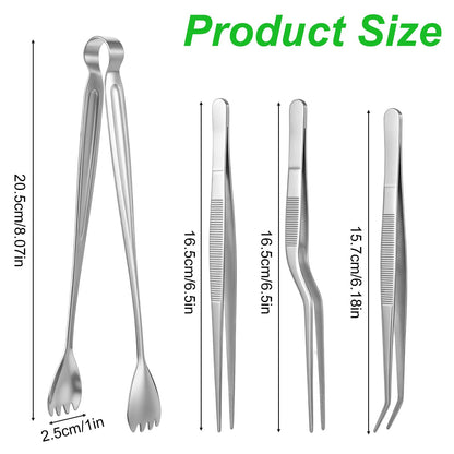 4 Pcs Seedling Transplant Tongs Set- Straight & Curved-tip Plant Tweezers, Stainless Steel Seed Starter Garden Tweezers Planting Tool Stuffer Supplies, Reduce Root Damage