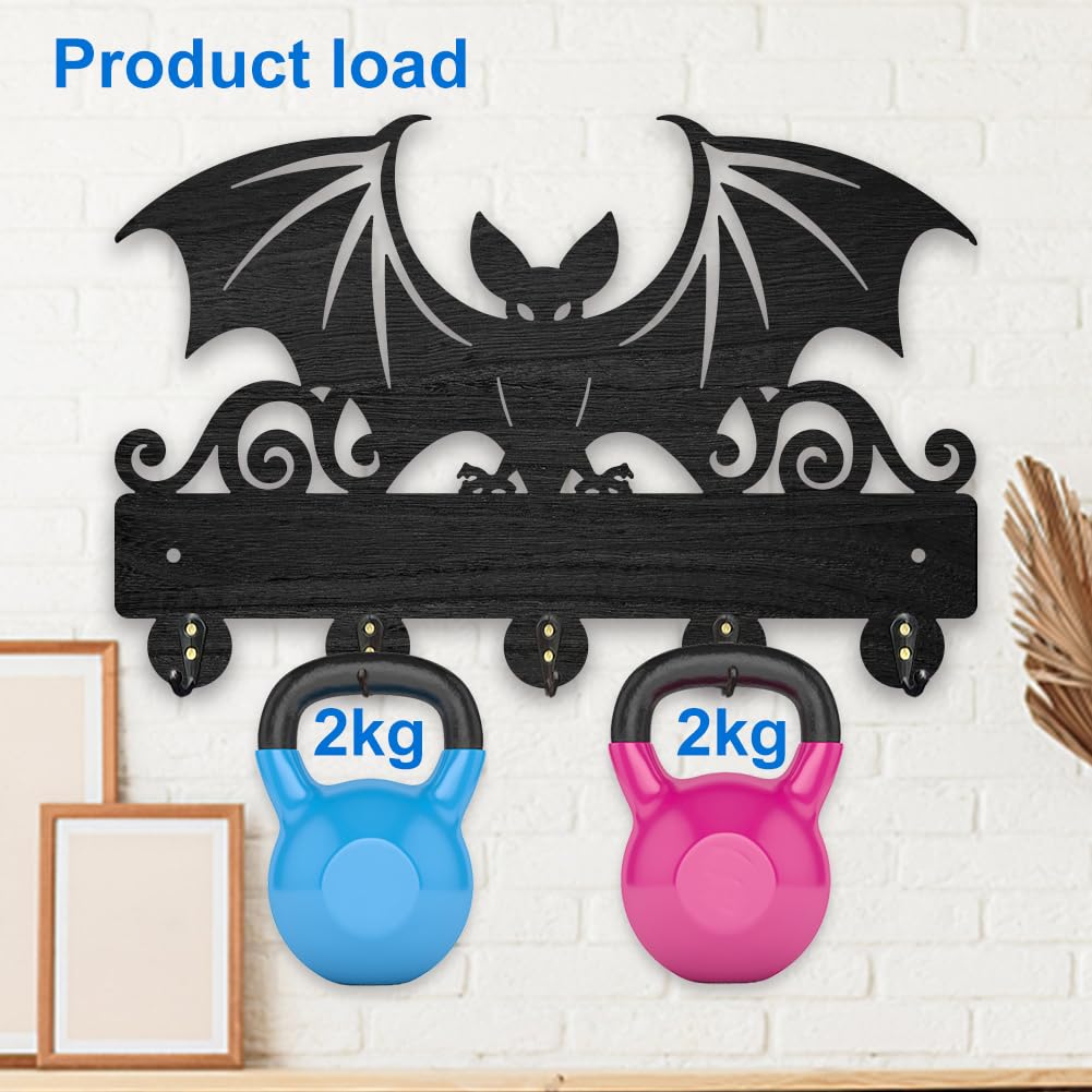 MAYJOYDIY Wood Bat Wall Key Hook Halloween Animal Theme Key Holder 11.8x7.9in Wall Art Decor Black Key Rack Organizer 5 Alloy Hooks for Gift, Hallway, Home Decor, Bag, Towel Hanging