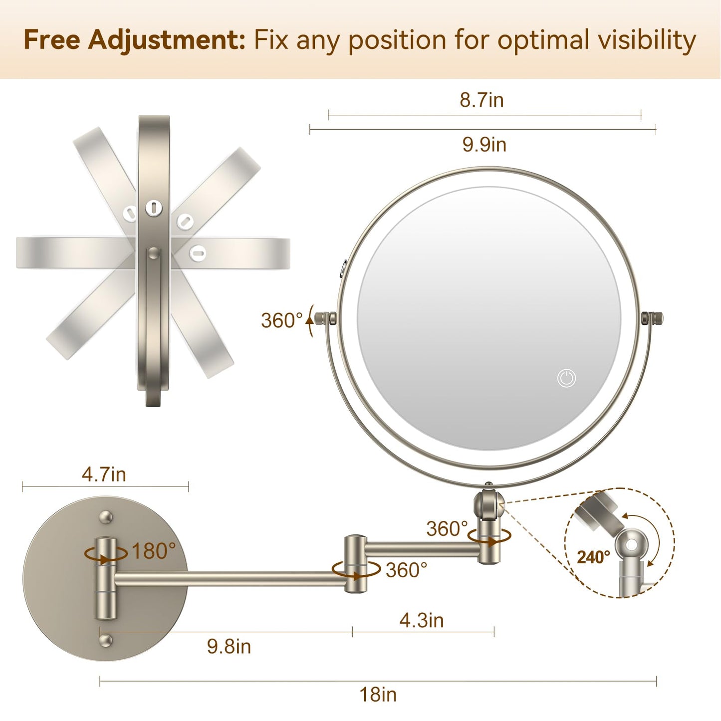 9" Wall Mounted Lighted Makeup Mirror,4000mAh Rechargeable Double Sided 1X/10X Magnifying Mirror with Light,Touch Dimmable,Extended Arm 360 Rotation Wall Mounted Makeup Mirror 3 Color Lights-Black