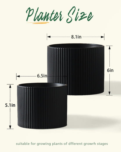 Swkien Matte Black Ceramic Plant Pots, 8.1 + 6 Inch Planters for Indoor Plants, Modern Flower Pots with Drainage, Two-Sizes Set