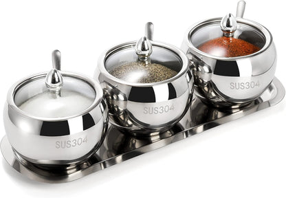 Hedume 3 Grids 304 Stainless Steel Seasoning Containers Set with Lid Spoon and Tray, Condiment Jar Spice Container, Condiment Canisters Pots for Serving Sugar, Pepper, Salt, Spice
