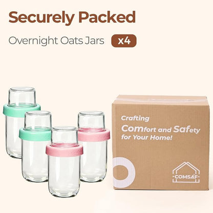 ComSaf Overnight Oats Containers with Lids (16oz+4oz, 4Pcs), Dual-Laryer Chia Pudding Jars with Dry and Wet Separation, Yogurt Parfait Cups for Oatmeal Cereal Nut Fruit, Meal Prep Glass Jars for Salad