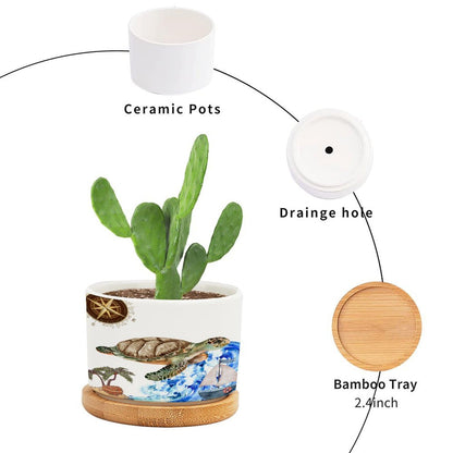 DreamAutumn Ocean Theme Sea Turtle Planter Ceramic Round Plant Pots with Drainage Holes and Bamboo Tray Planting Small Flower Pots for Home Windowsill Desk Garden Indoor Outdoor Use