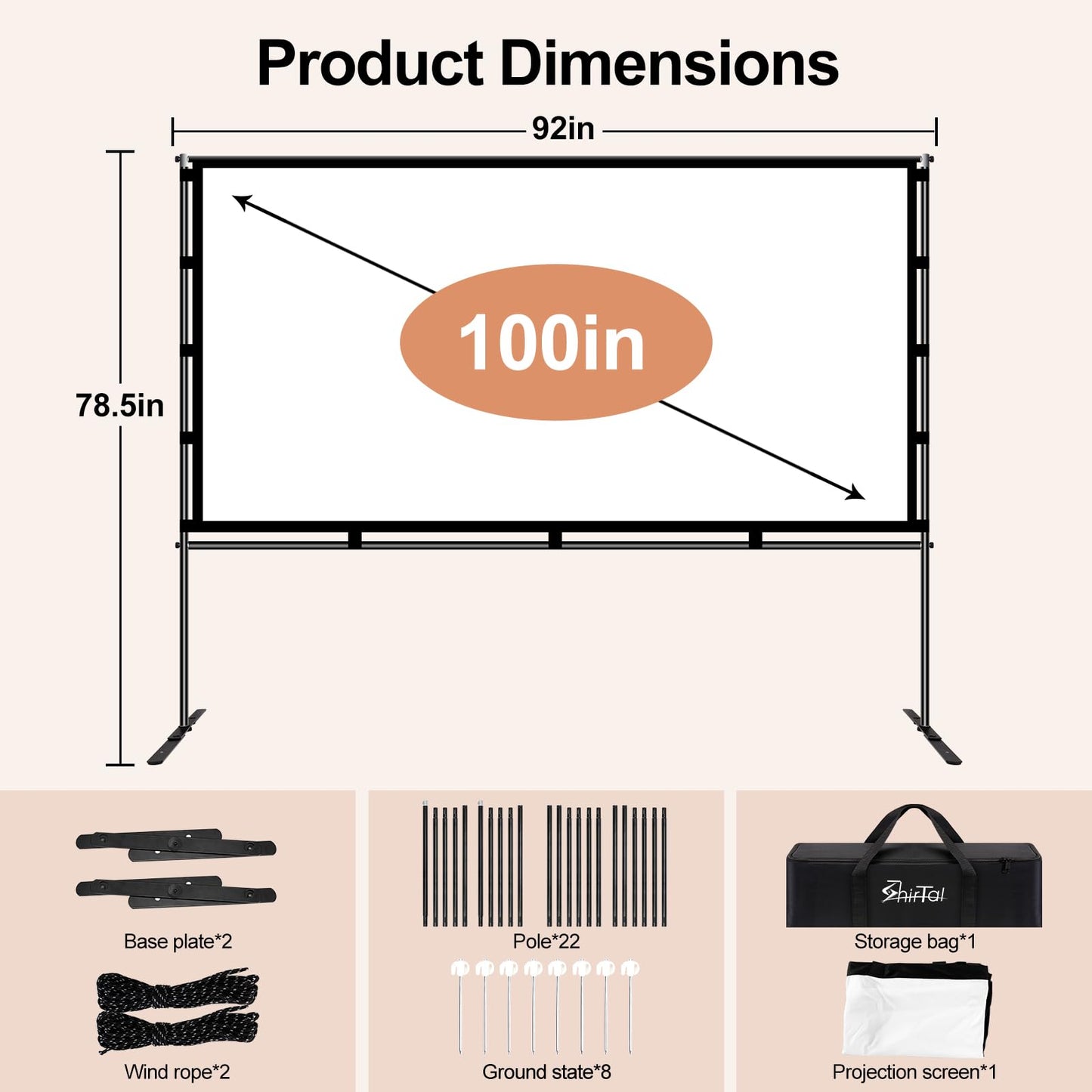 Shirtal 100 Inch Projector Screen,Portable Projector Screen with Stand,16:9 4K HD Anti-Crease Indoor Outdoor Movie Screen with Carry Bag for Camping Home Theater