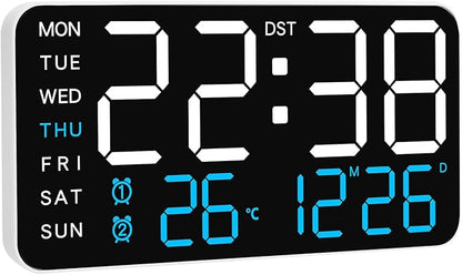KCKJ Large Digital Alarm Clock for Bedroom & Home - with Temperature, Date and Weekday Display, Adjustable Brightness & Volume, Dual Use for Desk or Wall Mount