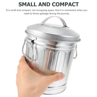 VILLCASE Mini Metal Bucket with Lid, 7.5" x 5" Small Garbage Can Trash Bin with Lid, Desktop Metal Rubbish Bin, Table Top Home Wastebasket for Countertop Office Silver Iron