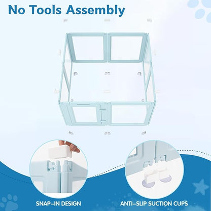 DIY Clear Acrylic Dog Playpen Indoor, Transparent Easy Cleansing Puppy Fence with Suction Cup, Easy-Assemble Indoor Whelping Crate for Small Puppies (23.6" H, 8PCS), Blue