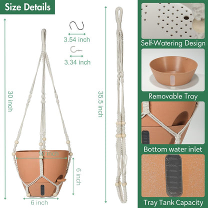 YUNLINGAA Self-Watering Hanging Planters for Indoor Plants Set 2-Piece Includes Plant Hanging Pot, Drainage-Hole Hanging Pot, and Hanging Basket Rack (Terracotta,10 Inches)