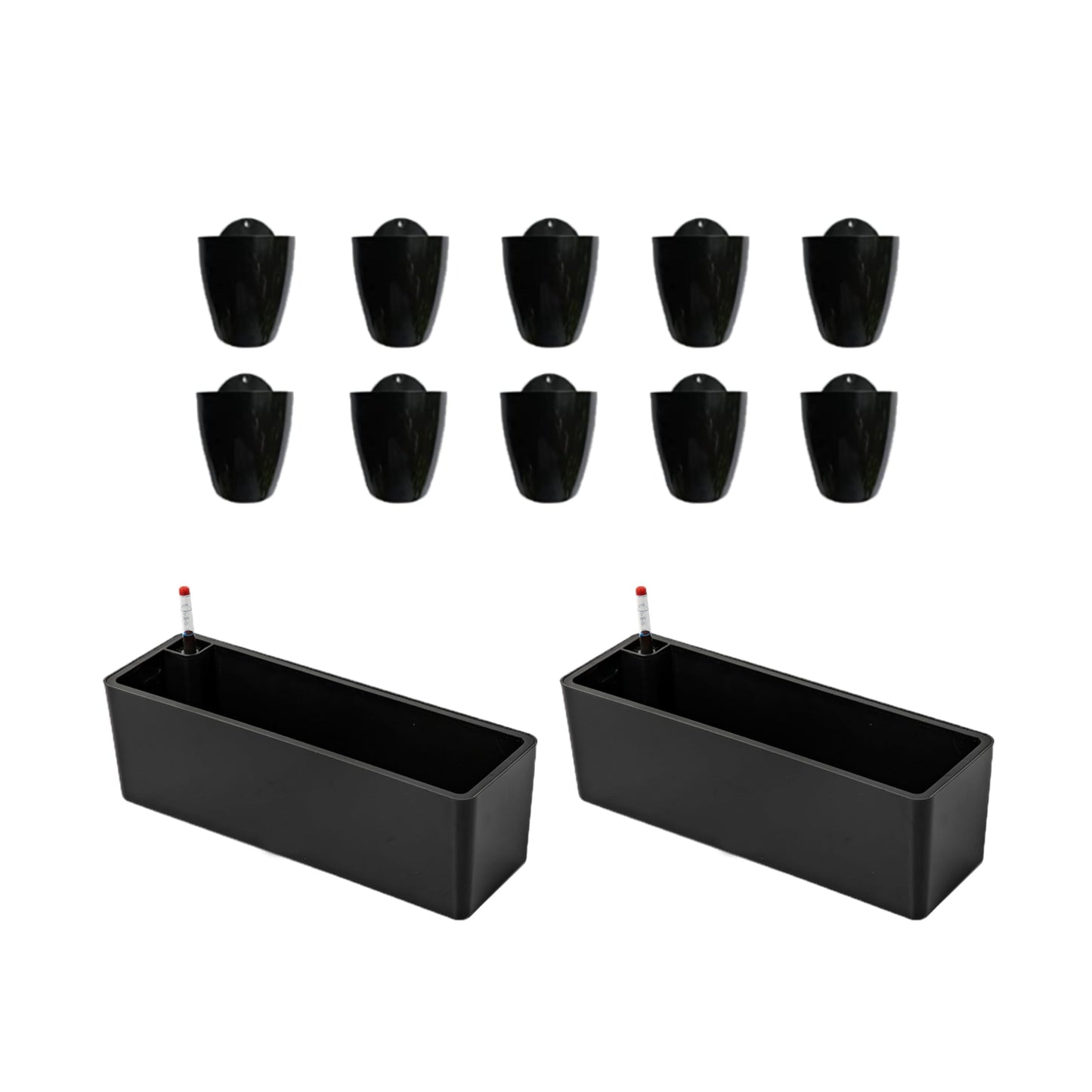 LaLaGreen Bundle- 2-Pack, 16 Inch Rectangular Self Watering Planter + 10-Pack, 5 Inch Black Self Watering Plastic Pot Decorative Eco Living Wall Mount Hanging Garden Windowsill Herb Boxes Indoor Home