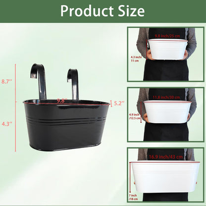 Joyfernal 2 Pack Metal Hanging Planter for Outdoor Plants, 10 Inch Black Fence Planters Railing Pots for Garden Patio Balcony Decor, Flower Bucket with Detachable Hooks (Black, 2Pcs)