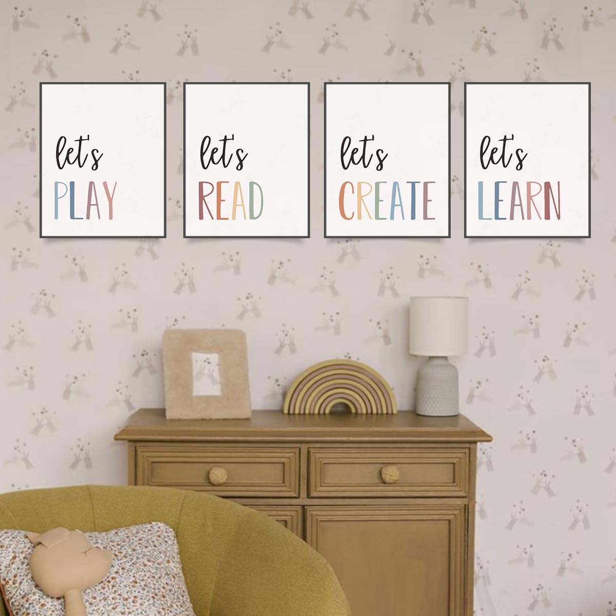 PLKMN Let's Play Read Wall Art Prints Decor Set of 4 - Play Room Essentials, Boho Neutral Let's Learn Let's Create