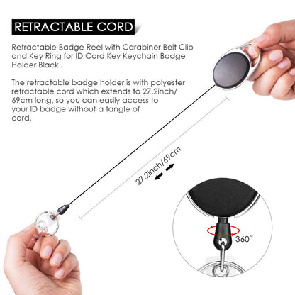 Retractable Badge Holder with Carabiner Reel Clip and Key Ring for ID Card Key Keychain Holders Black 10 Pieces by Moever