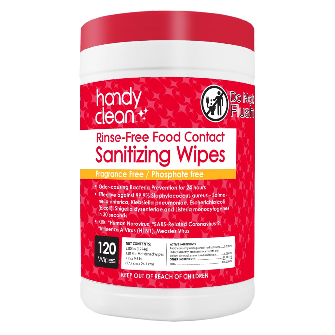 HandyClean Rinse-Free Food Contact Sanitizing Wipes Canister, Multi Surface Cleaning Supplies for Kitchen and Professional Setting One Canister (120 Wipes)