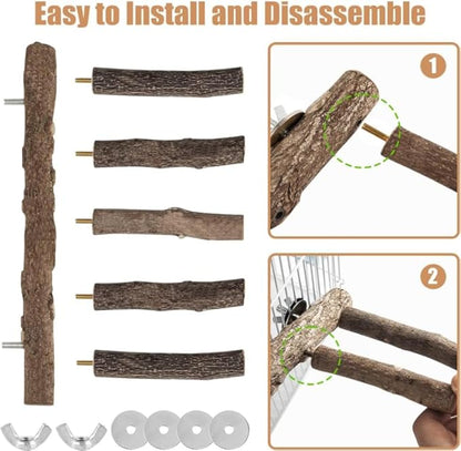 2Pcs Parrot Wood Stand, 12.2Inch Length Parrot Perch for Cage, Natural Bird Ladder for Small Medium Parrots, Parakeets, Cockatiels, Conures, Hamster