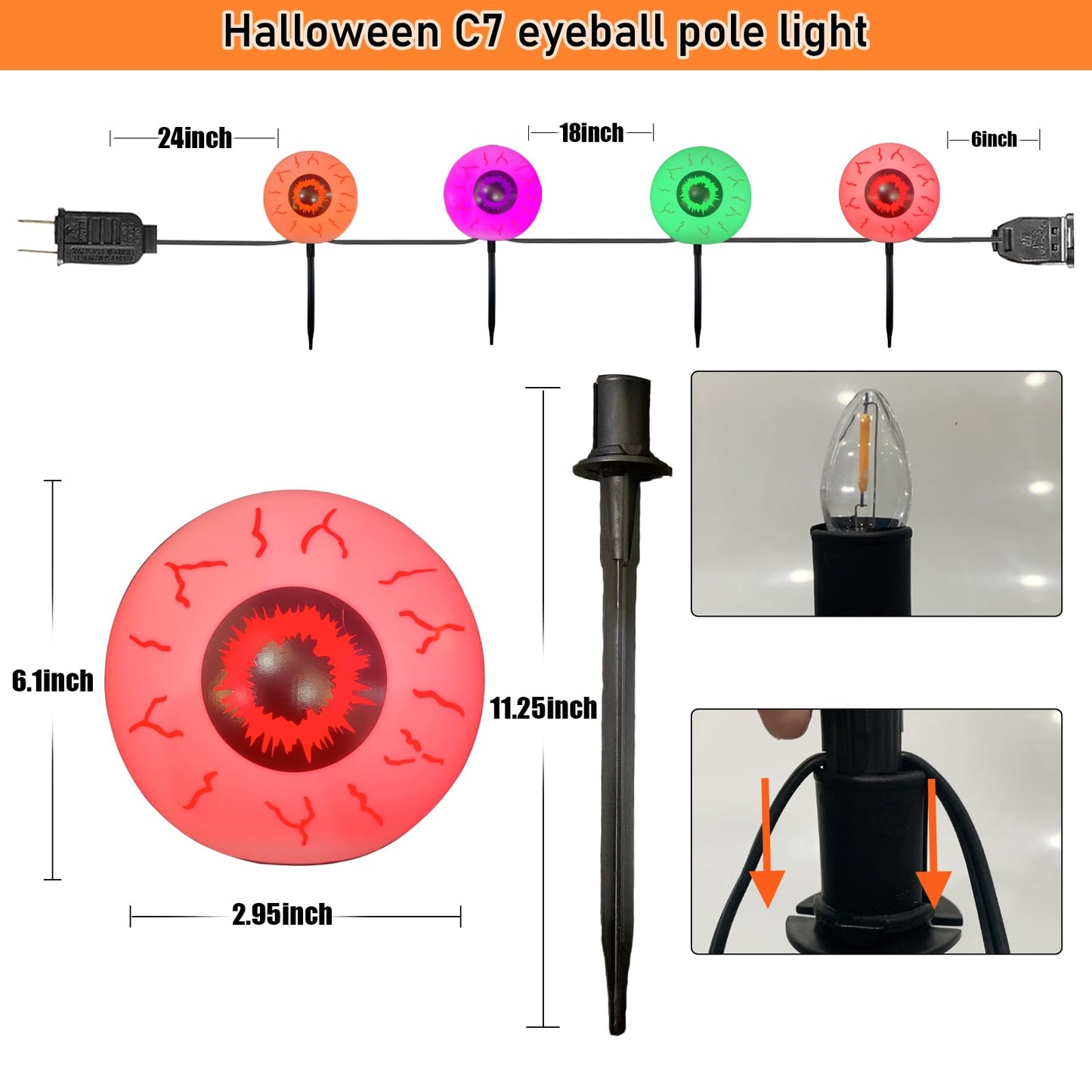 Halloween Outdoor Pathway Lights with 4 Spooky Pumpkins, 7Ft Outdoor Halloween Pumpkin Stake Lights with C7 LED Bulbs,for Party Garden Lawn Driveway Decor