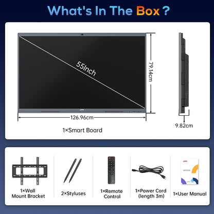 JAV Smart Board Interactive Whiteboard for Classroom Office Home, 4K UHD 8+128GB Touchscreen Smartboard with Built-in EDLA Licensed Android OS & Open App Ecosystem, Wi-Fi & Bluetooth