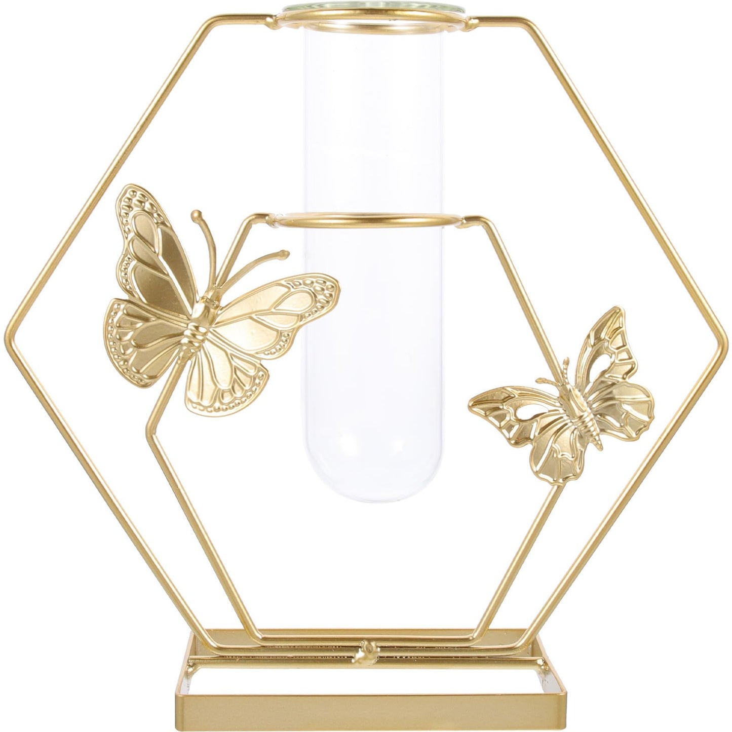 OSALADI Metal Framed Glass Plant Terrarium Vase with Butterfly Pattern, Hexagonal Decorative Flower Holder for Desktop Home Décor and Tabletop Display