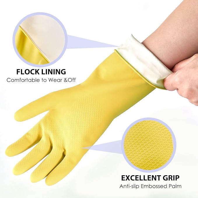Rubber Kitchen Dishwashing Gloves - 4 Pairs Colorful Reusable Cleaning Gloves for Kitchen Washing Dishes and Household Cleaning(XL, Yellow+Blue)