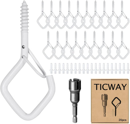 Ticway 20 PCS Q-Hanger Hooks for String Lights, Ceiling Hooks for Hanging Plants, Wind Chimes, Bird Feeders, Lanterns, Christmas Decorations (Square Hanger)