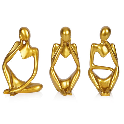 Ozzptuu Sandstone Resin Thinker Style Abstract Sculpture Statue Collectible Figurines Home Office Bookshelf Desktop Decor (Small Gold, 3pcs)